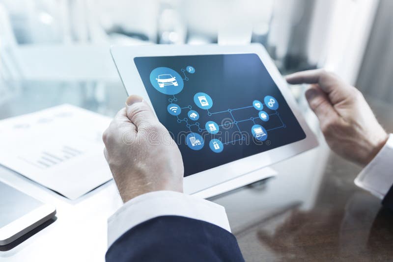 businessman working digital tablet office close up modern using computer device connections interface screen table 77405375